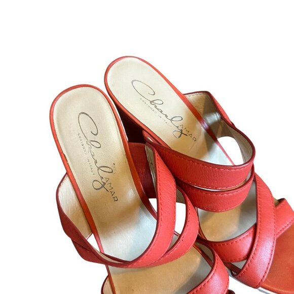 Charly Amar Leather Wedge Sandals Slides Bold Coral Strappy Size 10 Women's - Picture 7 of 14